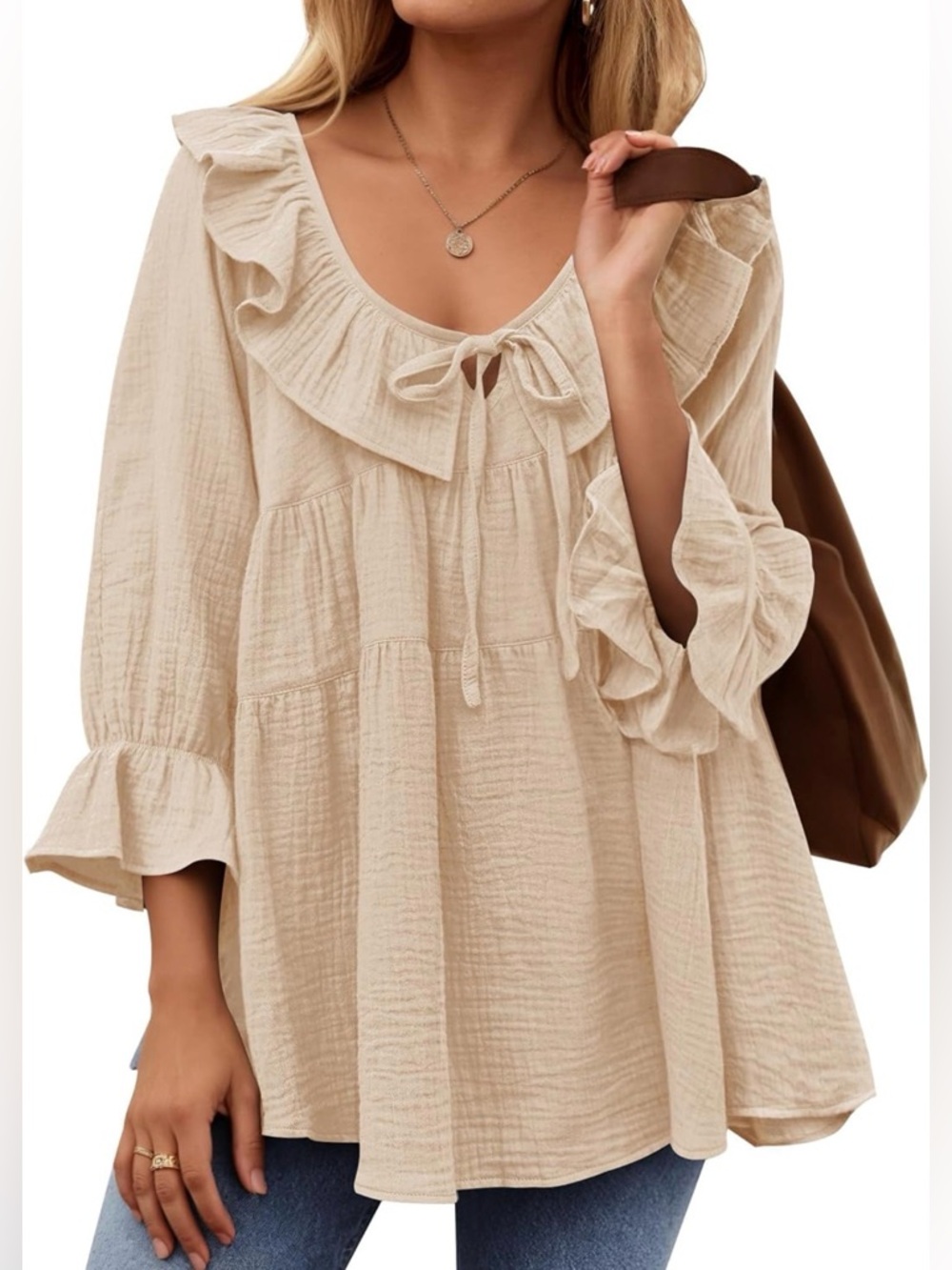 Zeffa Peach Ruffle-Trim Gauze Tunic